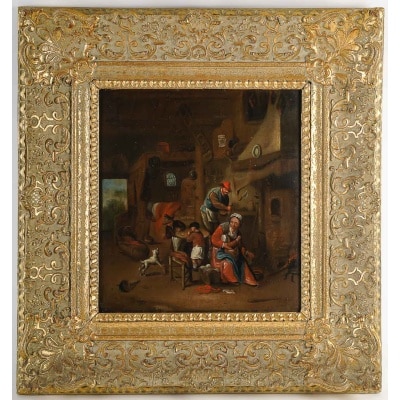 École belge du XIXe siècle – La famille dans son intérieur, huile sur panneau monogrammée GVH