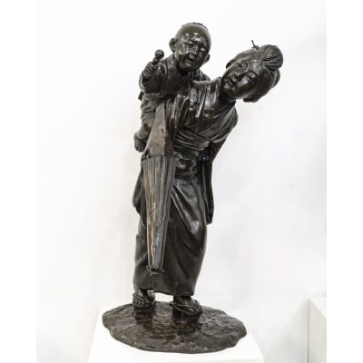 Groupe En Bronze , Femme Et Enfant , Japon - Période Meiji