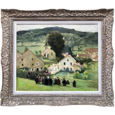 HERVE Jules Peinture Française 20è Langres Procession à Brevoines Huile Toile Signée Certificat d'authenticité