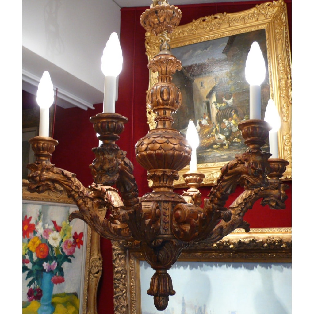 Lustre En Bois Sculpte Six Branches De Lumieres Style XVIIème Siecle 4