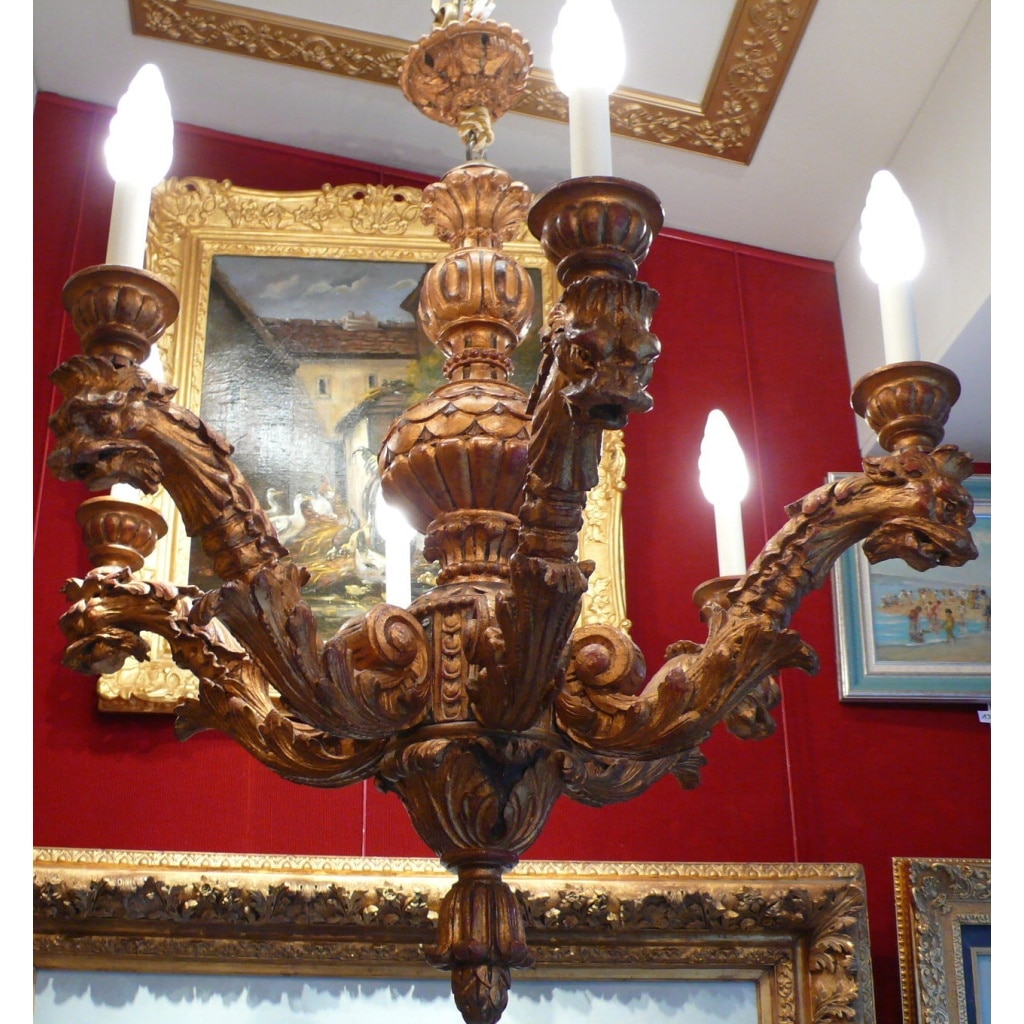 Lustre En Bois Sculpte Six Branches De Lumieres Style XVIIème Siecle 6