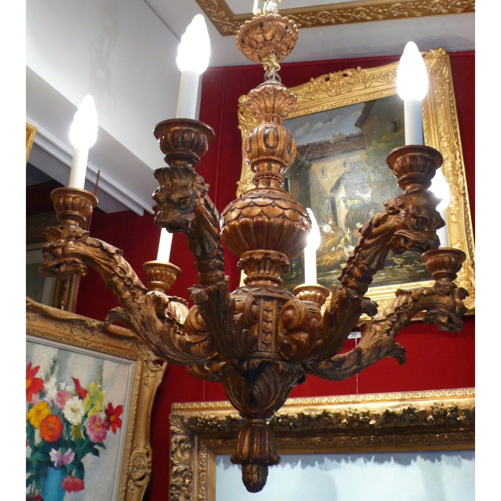 Lustre En Bois Sculpte Six Branches De Lumieres Style XVIIème Siecle 5