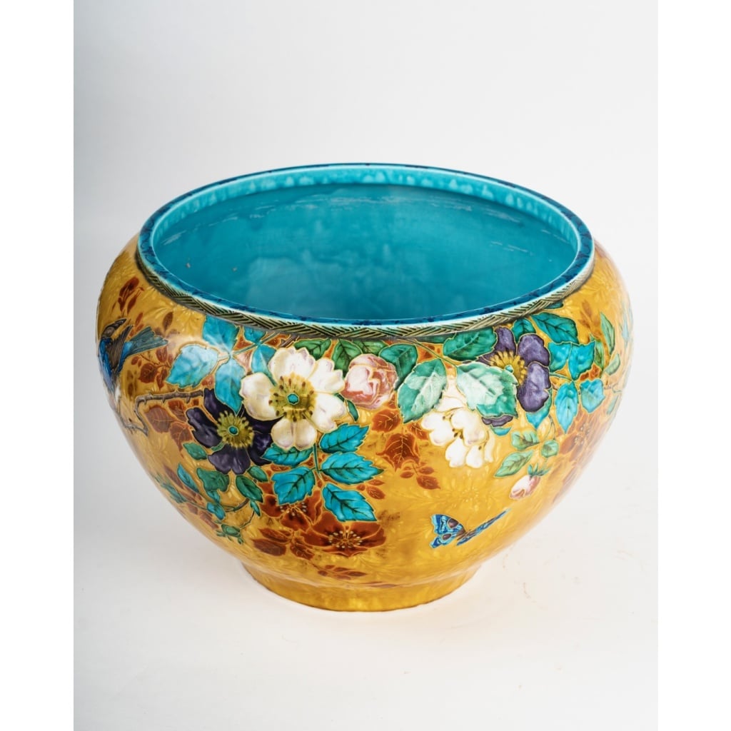 Théodore Deck (1823-1891) Important cache-pot Japonisant en faïence émaillée, circa 1875 5