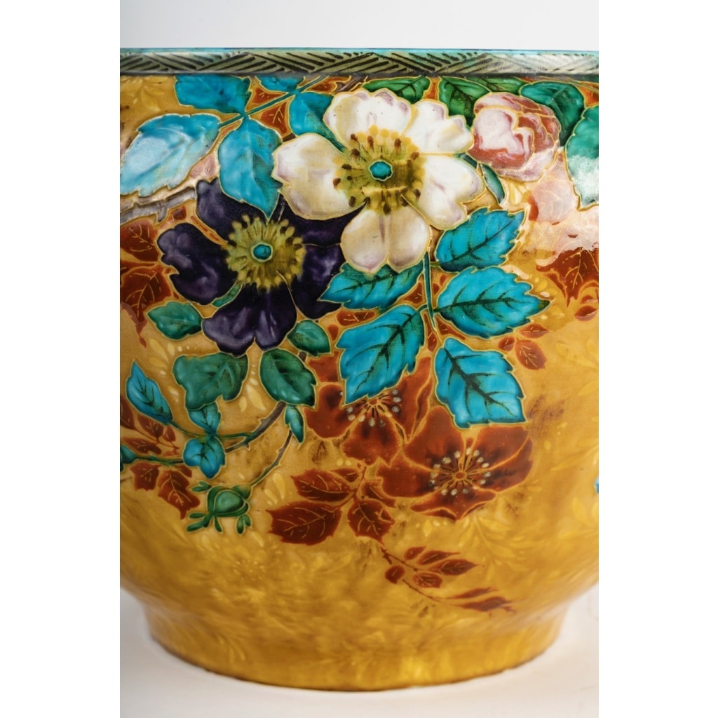 Théodore Deck (1823-1891) Important cache-pot Japonisant en faïence émaillée, circa 1875 8