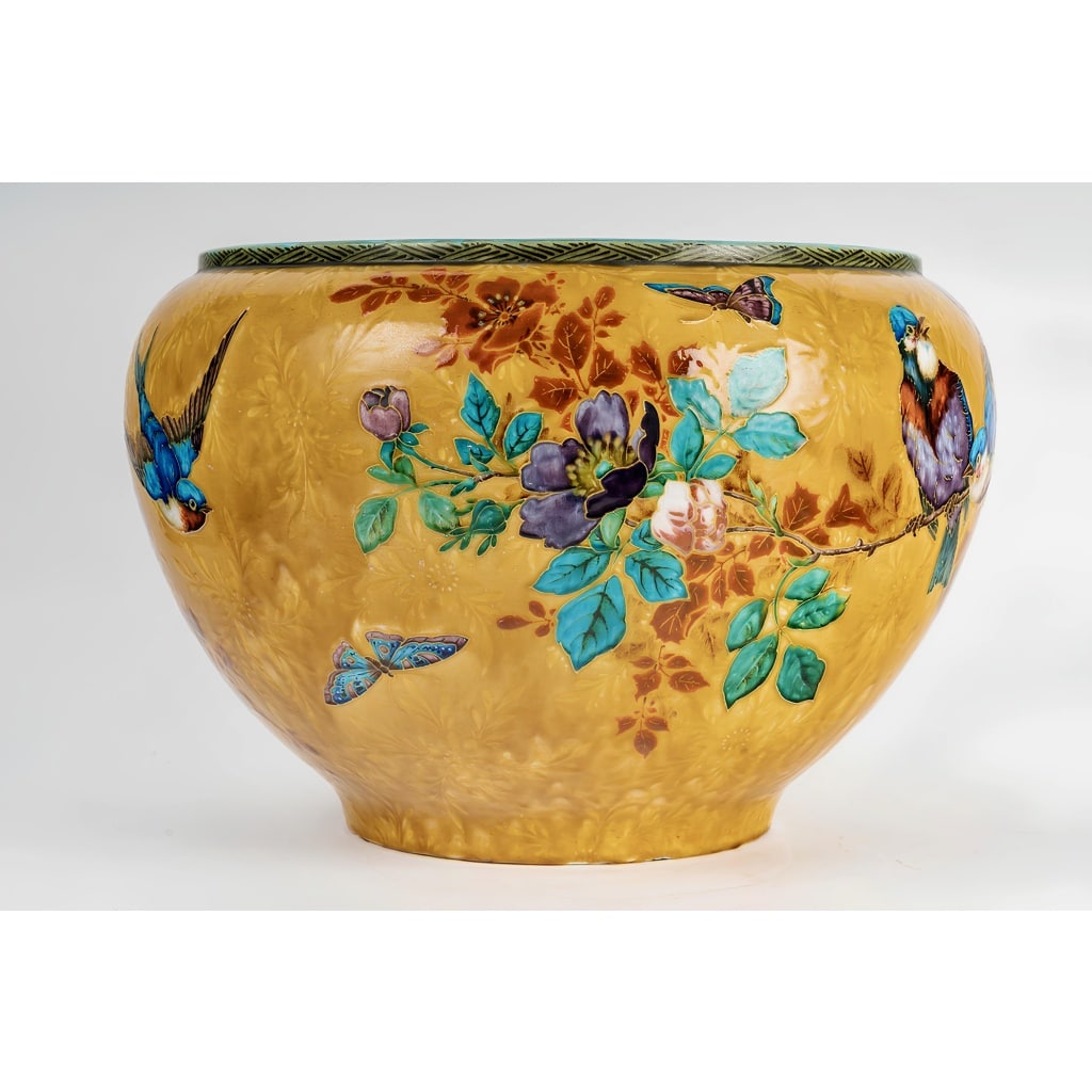 Théodore Deck (1823-1891) Important cache-pot Japonisant en faïence émaillée, circa 1875 4