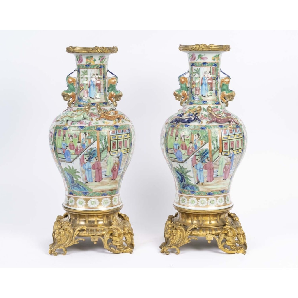 Paire de vases Canton pouvant former lampes , XIXème siècle. 15