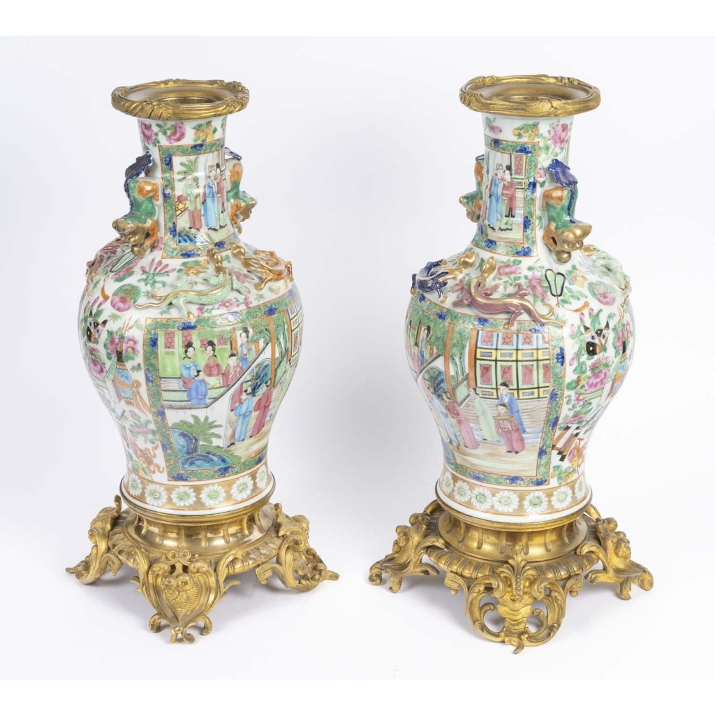 Paire de vases Canton pouvant former lampes , XIXème siècle. 4