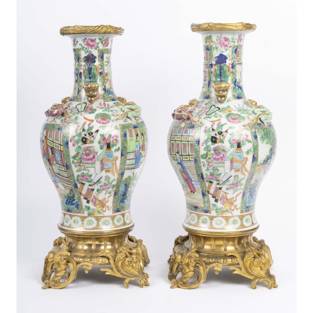 Paire de vases Canton pouvant former lampes , XIXème siècle. 16