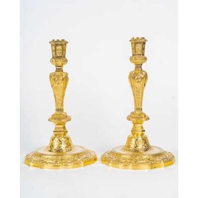 Paire de Flambeaux de Style Régence en Bronze Doré, signée Henri Picard vers 1850