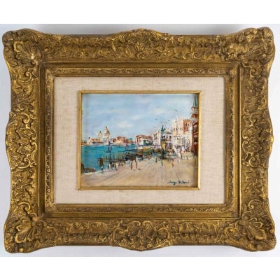 Serge Belloni (1925-2005) Venise Riva degli Schiavoni Huile sur Bois Vers 1970