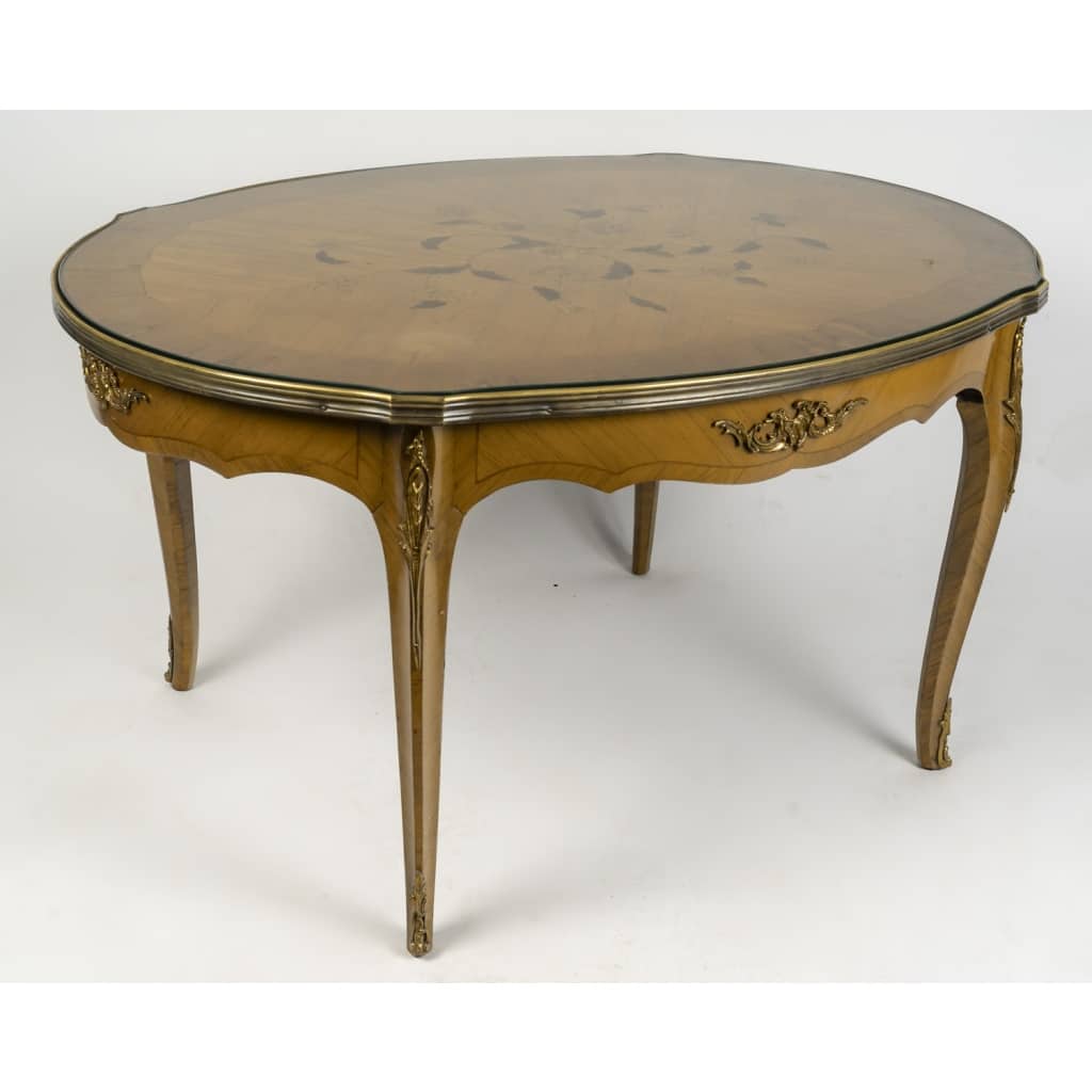 Table basse ovale en marqueterie florale sous verre 6