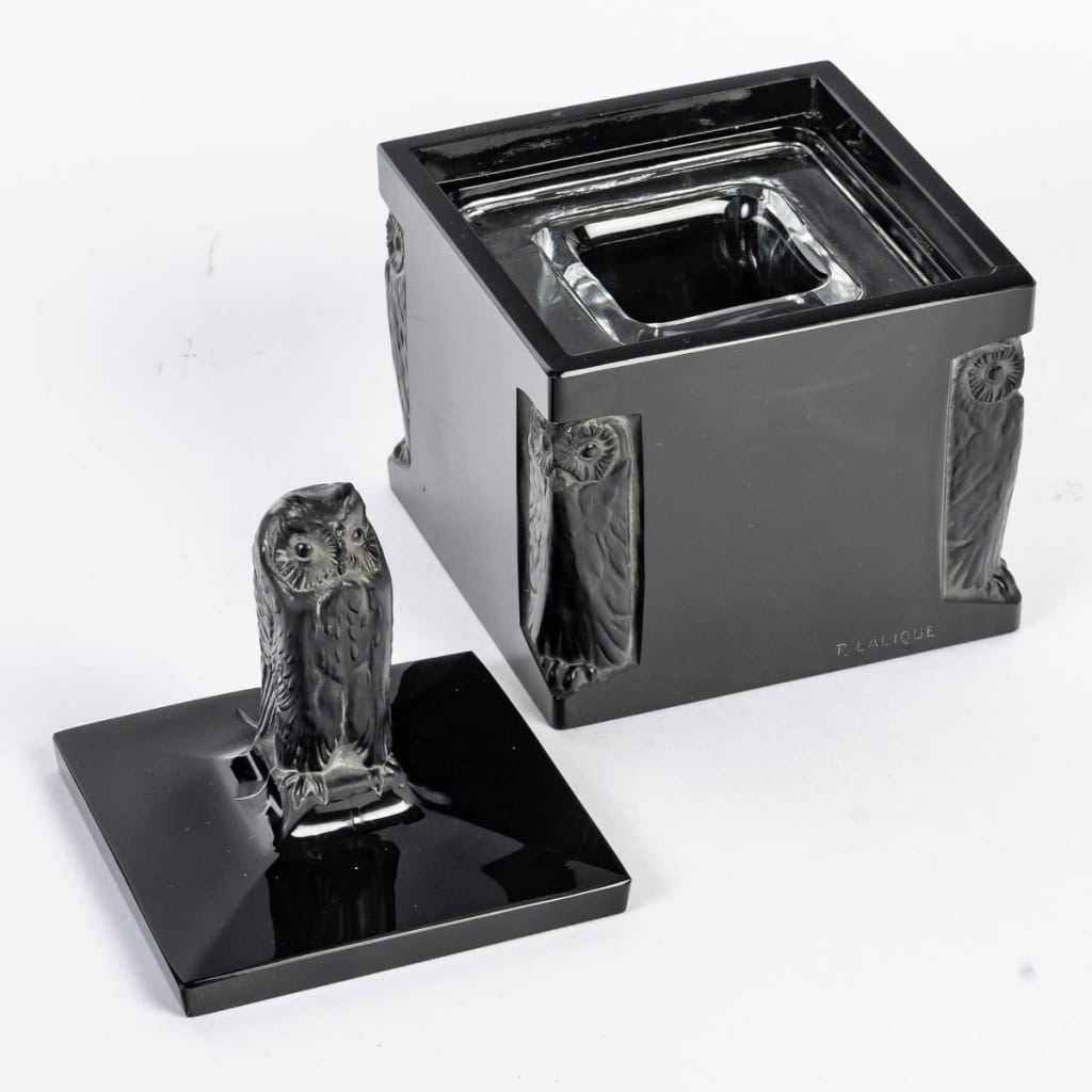 Encrier « Hibou » verre noir patiné blanc de René LALIQUE 7