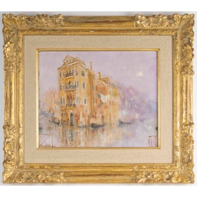 Serge Belloni (1925-2005) Canal de Venise dans la brume Huile sur Bois Vers 1970