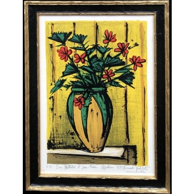 BUFFET Bernard Bouquet Fleurs Dans Une Potiche Lithographie Couleurs Signée certificat d’authenticité