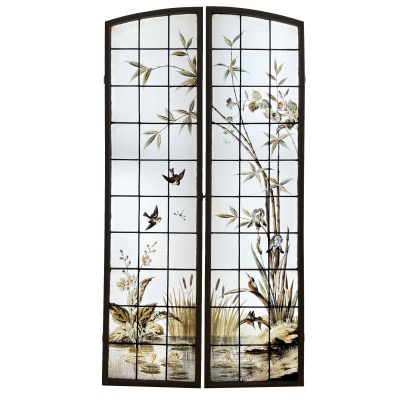 Paire de vitraux aux martins pêcheurs (H197cm L103cm)