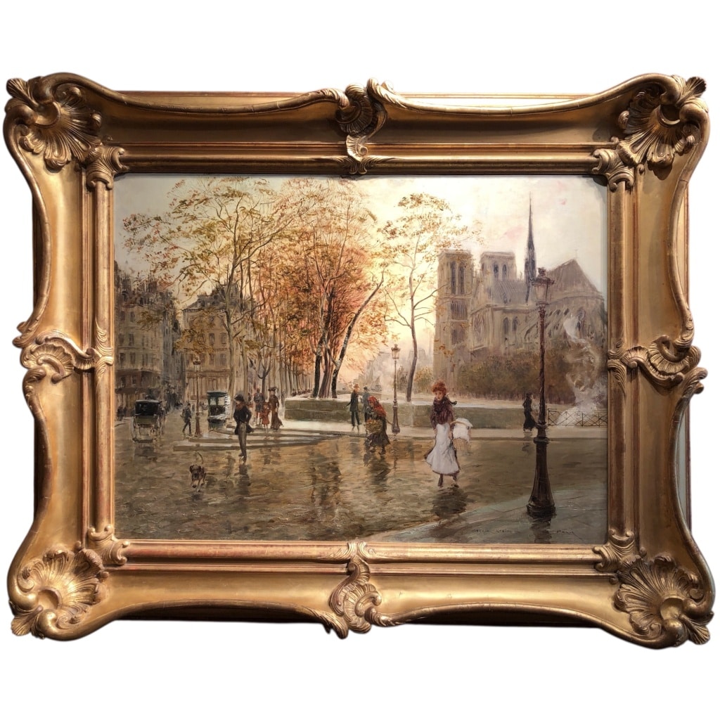 STEIN Georges Paris Animation à Notre Dame depuis les quais Huile Sur Toile Signée Certificat d’authenticité 2