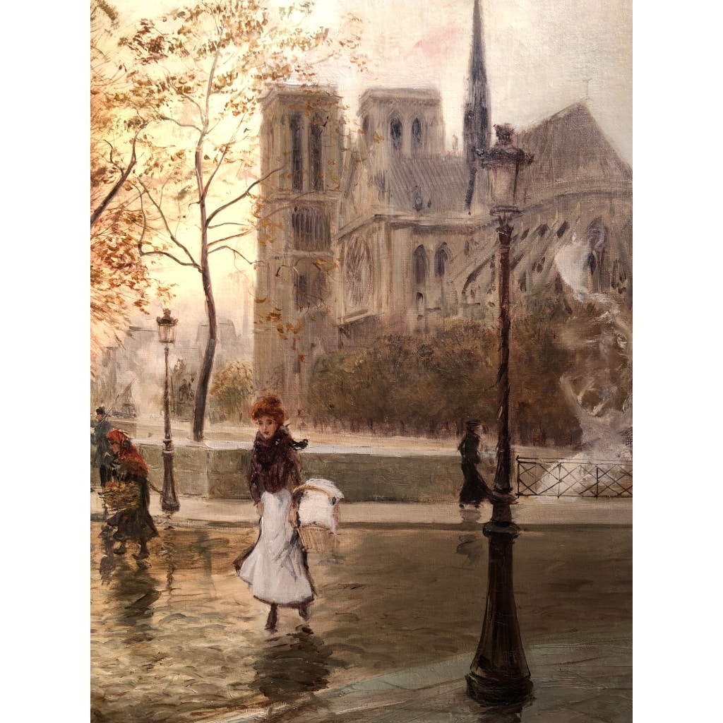 STEIN Georges Paris Animation à Notre Dame depuis les quais Huile Sur Toile Signée Certificat d’authenticité 14