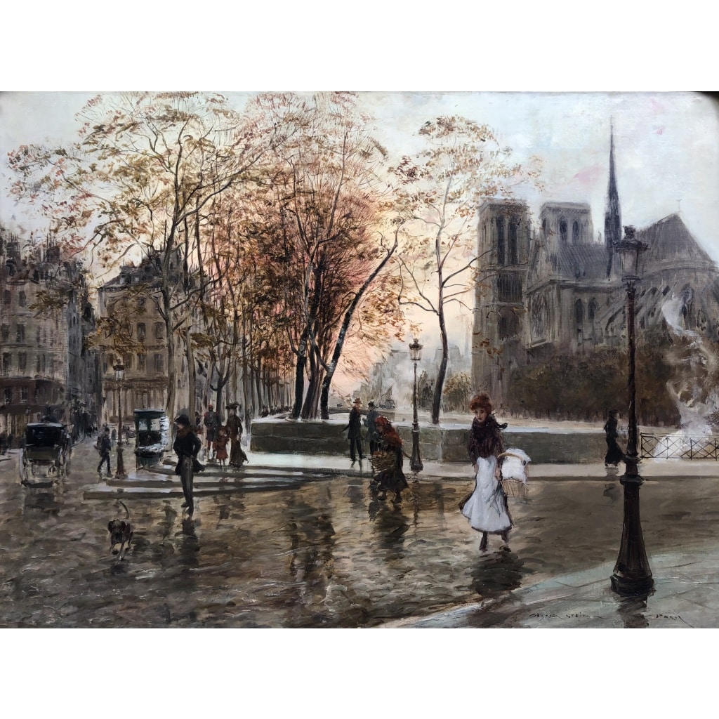 STEIN Georges Paris Animation à Notre Dame depuis les quais Huile Sur Toile Signée Certificat d’authenticité 3