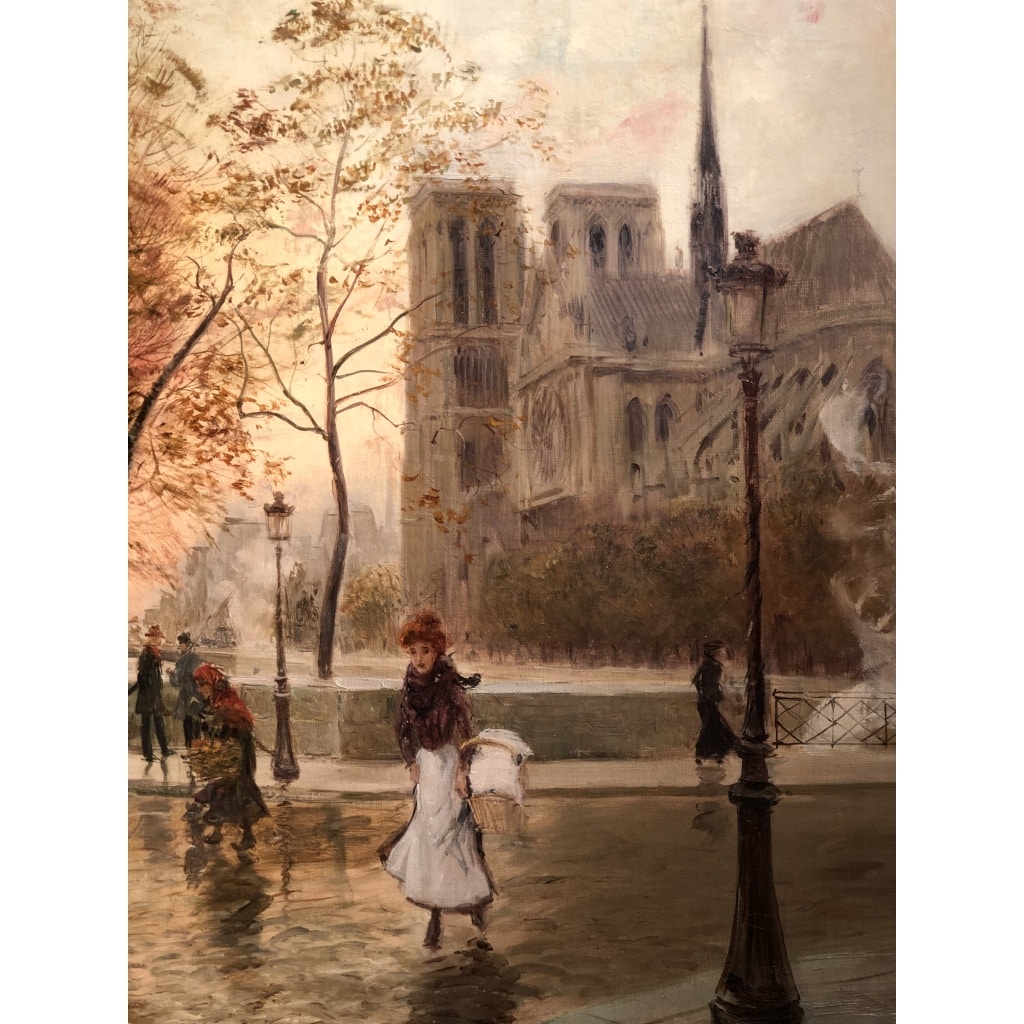 STEIN Georges Paris Animation à Notre Dame depuis les quais Huile Sur Toile Signée Certificat d’authenticité 4