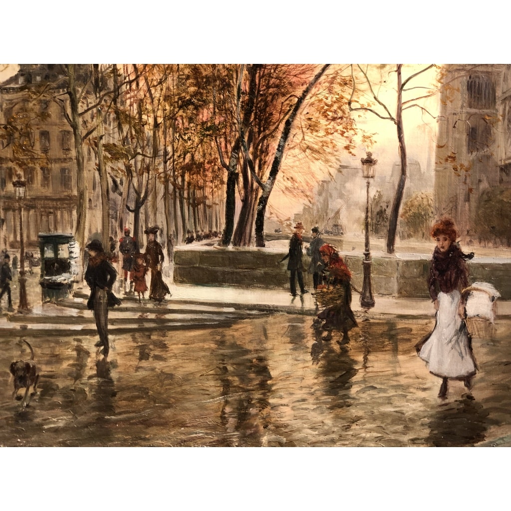 STEIN Georges Paris Animation à Notre Dame depuis les quais Huile Sur Toile Signée Certificat d’authenticité 6