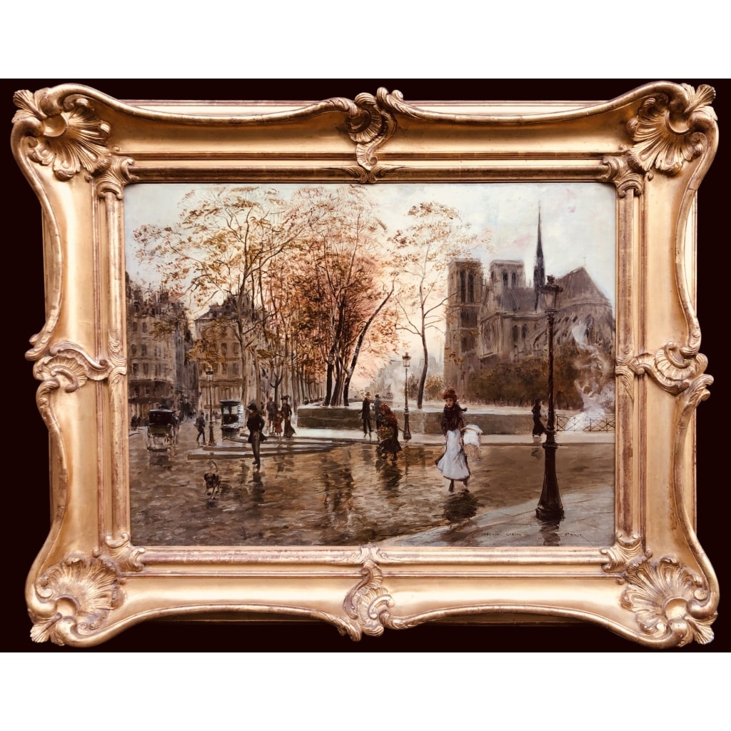 STEIN Georges Paris Animation à Notre Dame depuis les quais Huile Sur Toile Signée Certificat d’authenticité 14