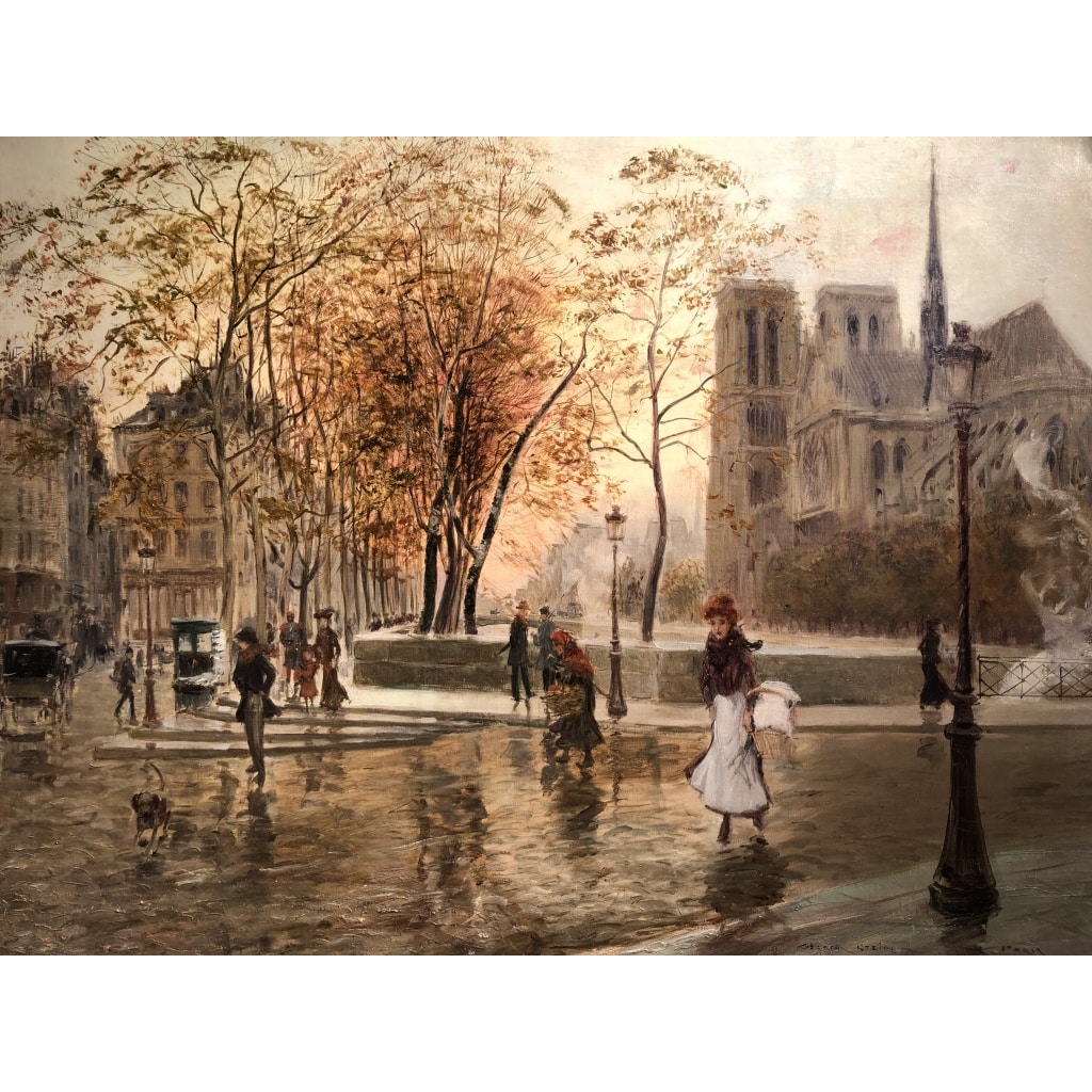 STEIN Georges Paris Animation à Notre Dame depuis les quais Huile Sur Toile Signée Certificat d’authenticité 10