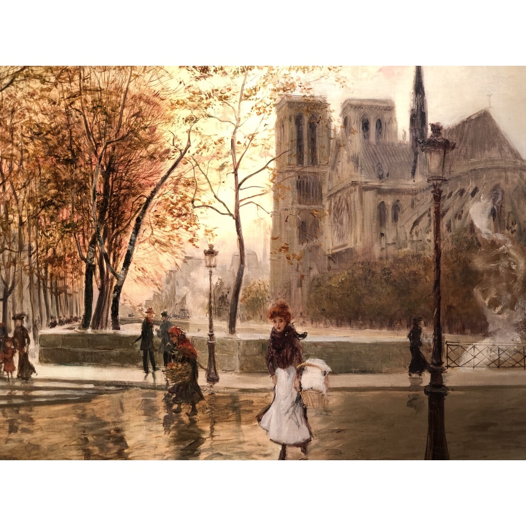 STEIN Georges Paris Animation à Notre Dame depuis les quais Huile Sur Toile Signée Certificat d’authenticité 3