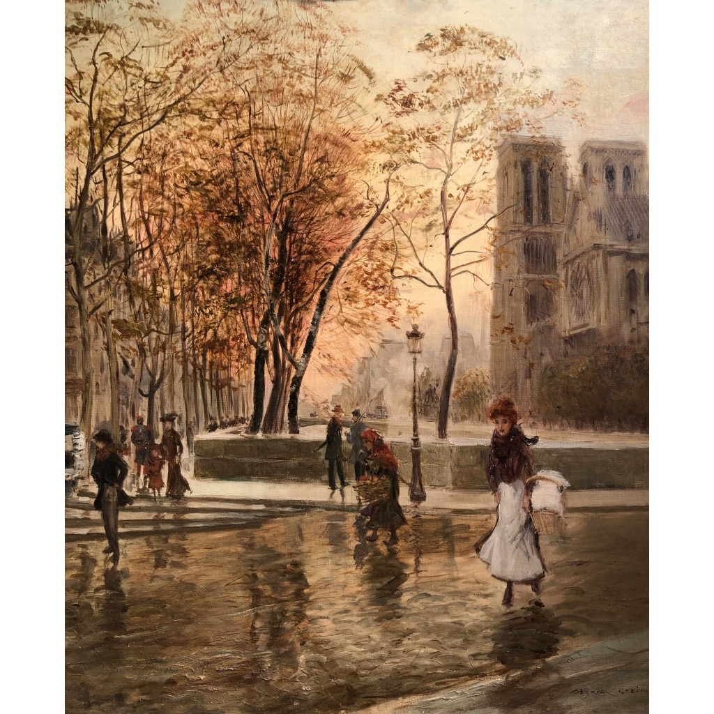 STEIN Georges Paris Animation à Notre Dame depuis les quais Huile Sur Toile Signée Certificat d’authenticité 9