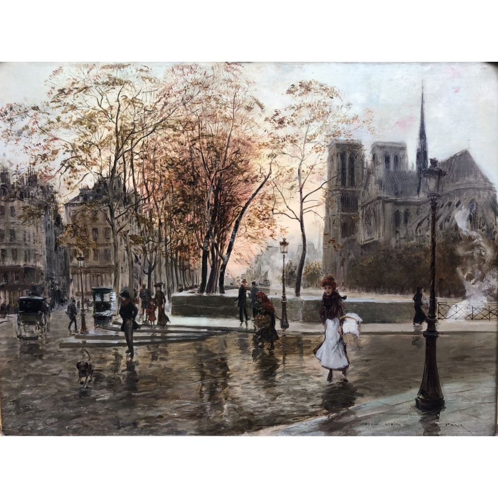 STEIN Georges Paris Animation à Notre Dame depuis les quais Huile Sur Toile Signée Certificat d’authenticité 13