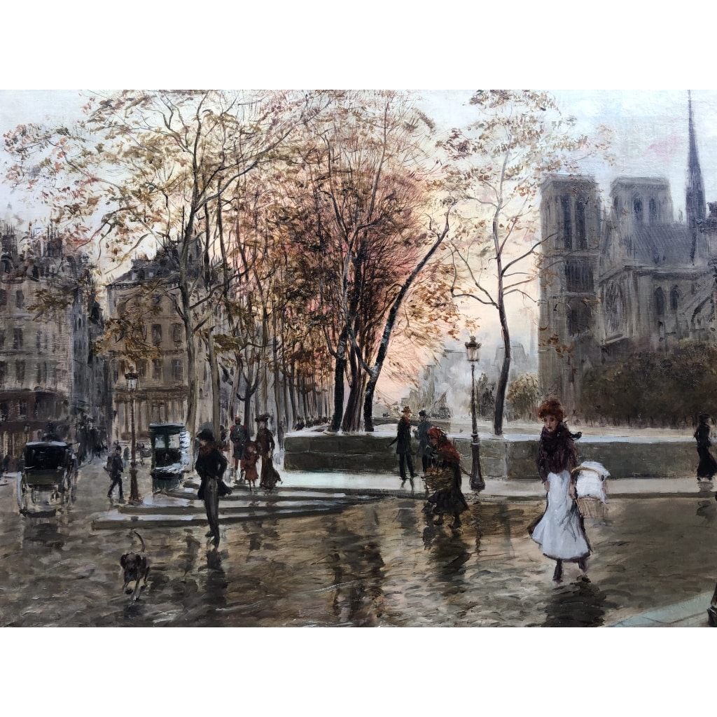 STEIN Georges Paris Animation à Notre Dame depuis les quais Huile Sur Toile Signée Certificat d’authenticité 9