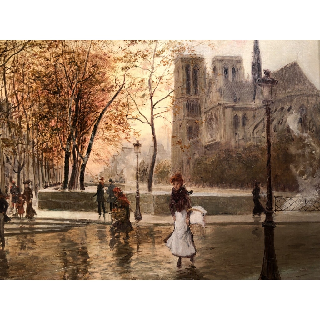 STEIN Georges Paris Animation à Notre Dame depuis les quais Huile Sur Toile Signée Certificat d’authenticité 12