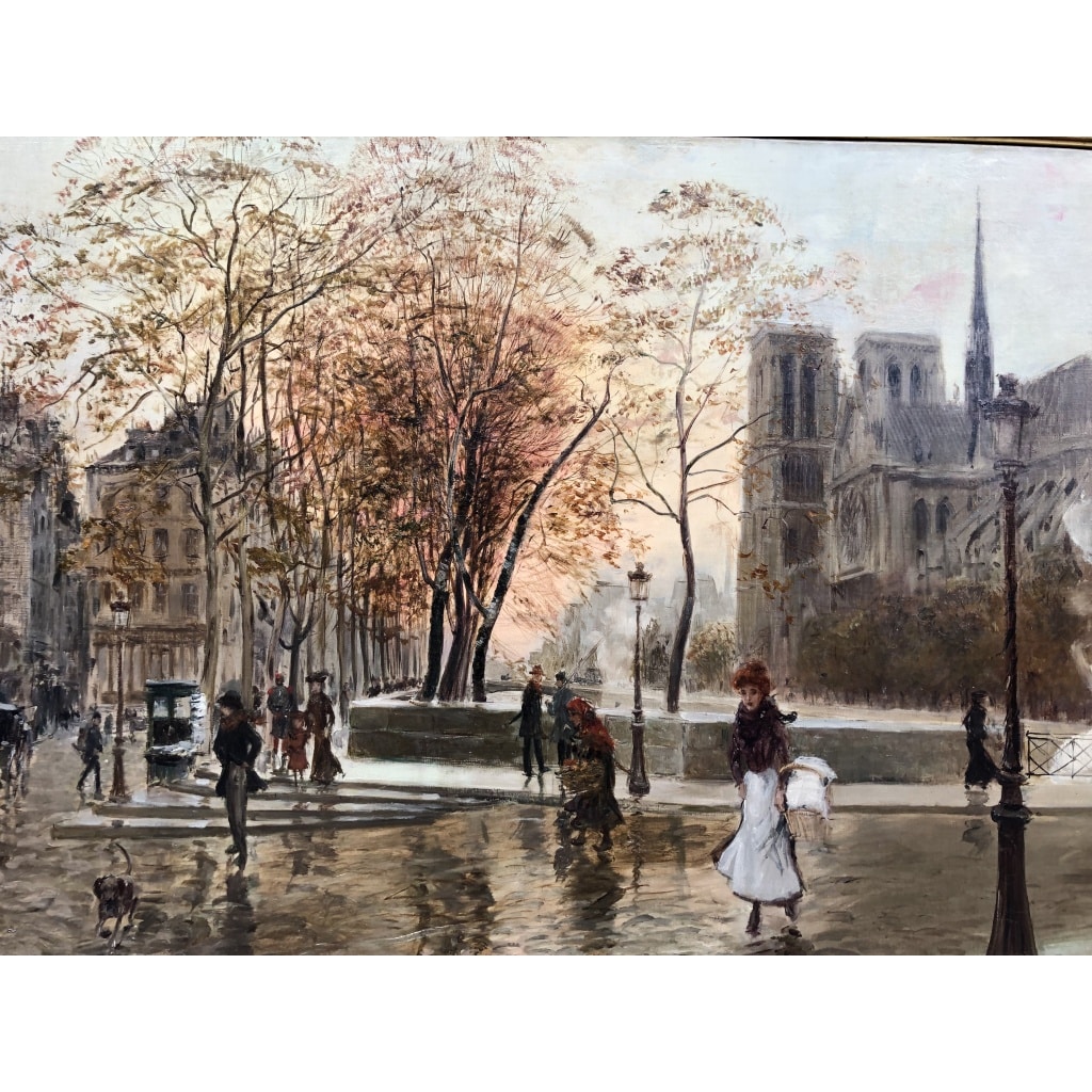 STEIN Georges Paris Animation à Notre Dame depuis les quais Huile Sur Toile Signée Certificat d’authenticité 5