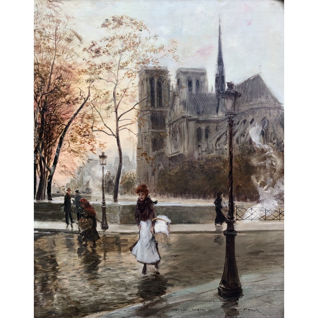 STEIN Georges Paris Animation à Notre Dame depuis les quais Huile Sur Toile Signée Certificat d’authenticité 6