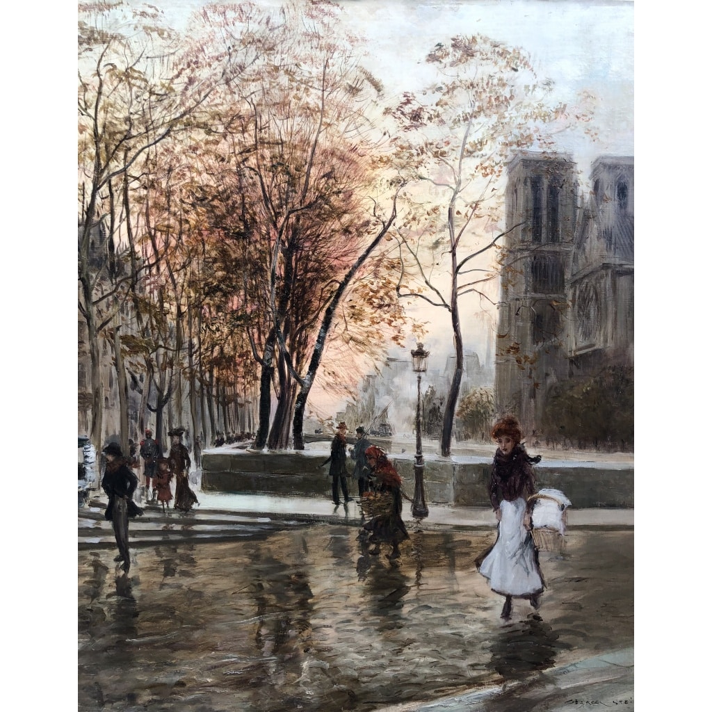 STEIN Georges Paris Animation à Notre Dame depuis les quais Huile Sur Toile Signée Certificat d’authenticité 7