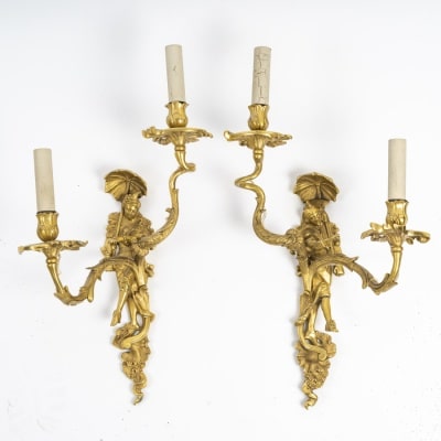 Paire d’appliques en bronze doré représentant un couple de danseur vénitien, Fin XIXème/Début XXème siècle.
