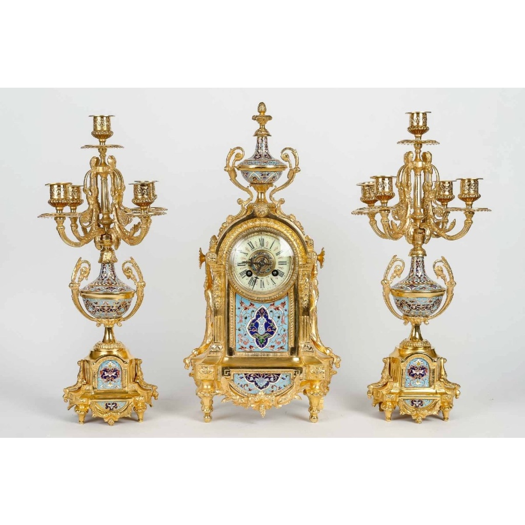 Garniture De Cheminée En Bronze Doré Et émail Cloisonné Fin XIXème Siècle 2
