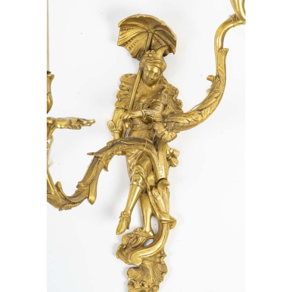 Paire d’appliques en bronze doré représentant un couple de danseur vénitien, Fin XIXème/Début XXème siècle. 3