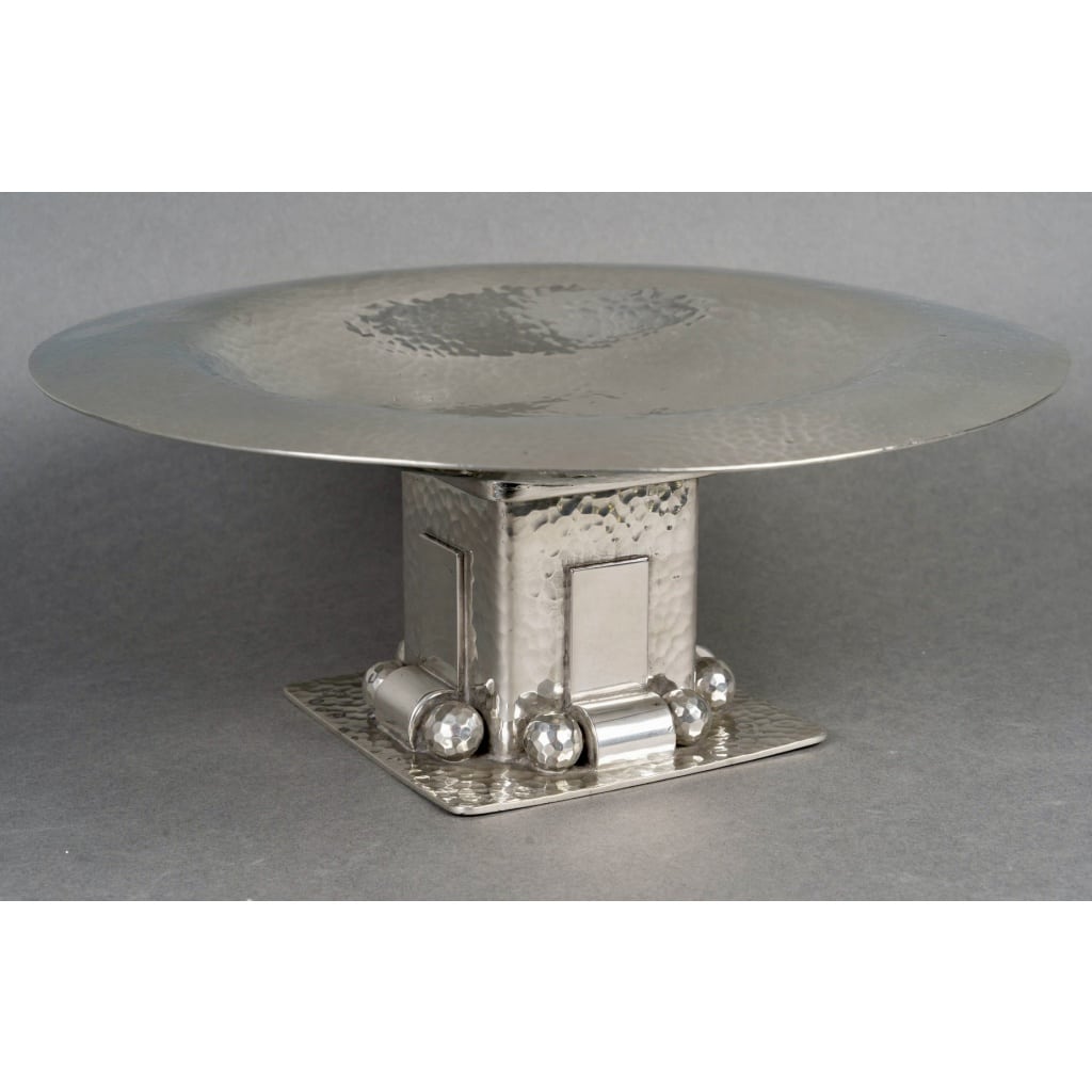Centre de Table Moderniste Art Déco métal argenté martelé de Jean DESPRES 2