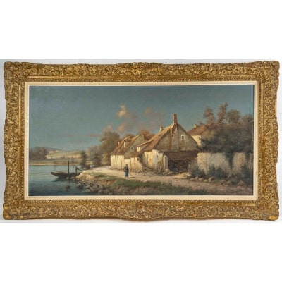 Alphonse Lecoz (1833–1914) Un Hameau au Bord de la Rivière Huile sur toile vers 1880–1890 Alphonse Lecoz (1833–1914) Un Hameau au Bord de la Rivière Huile sur toile vers 1880–1890