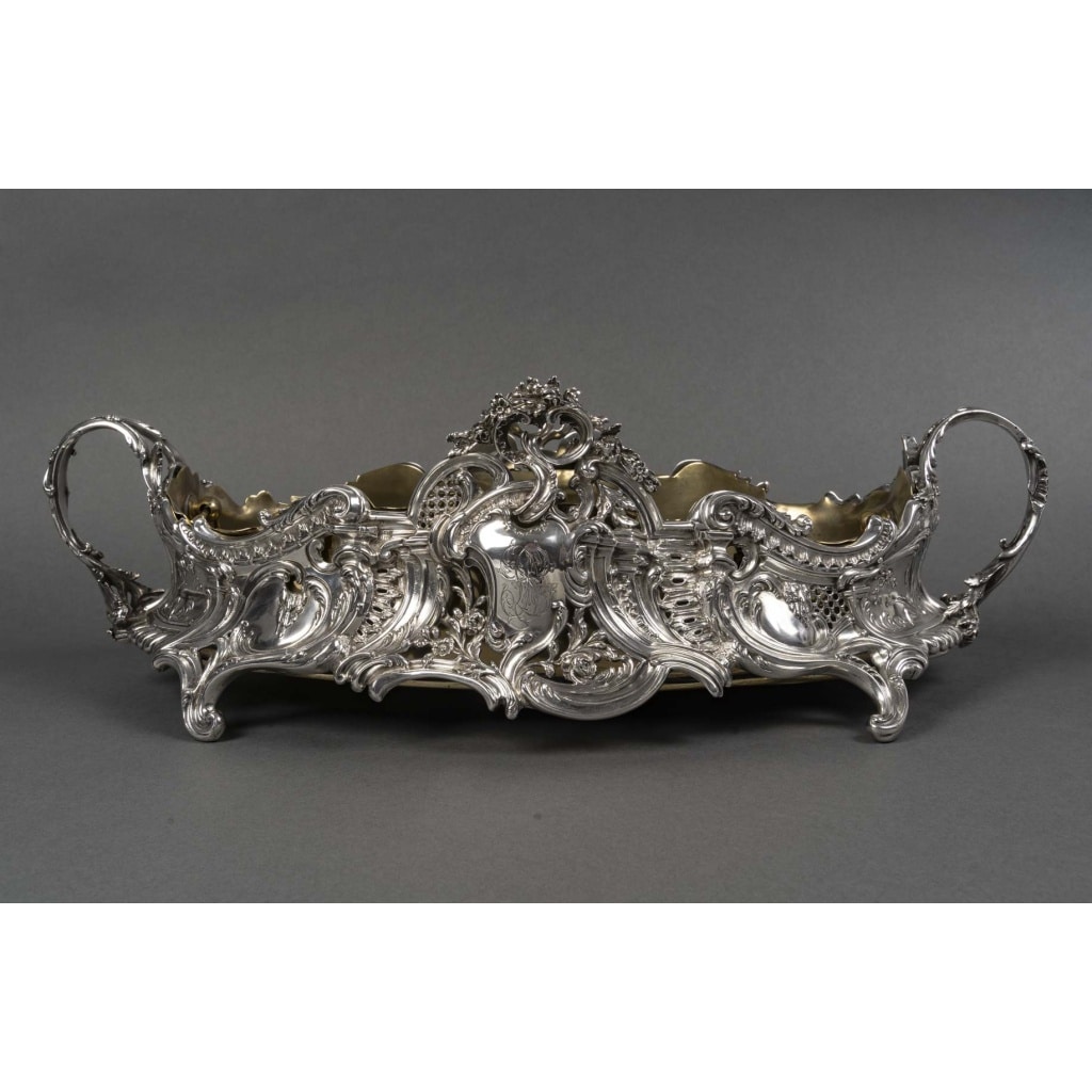 JARDINIERE ROCAILLE EN ARGENT MASSIF INTERIEUR EN LAITON EPOQUE NAPOLEON III 3