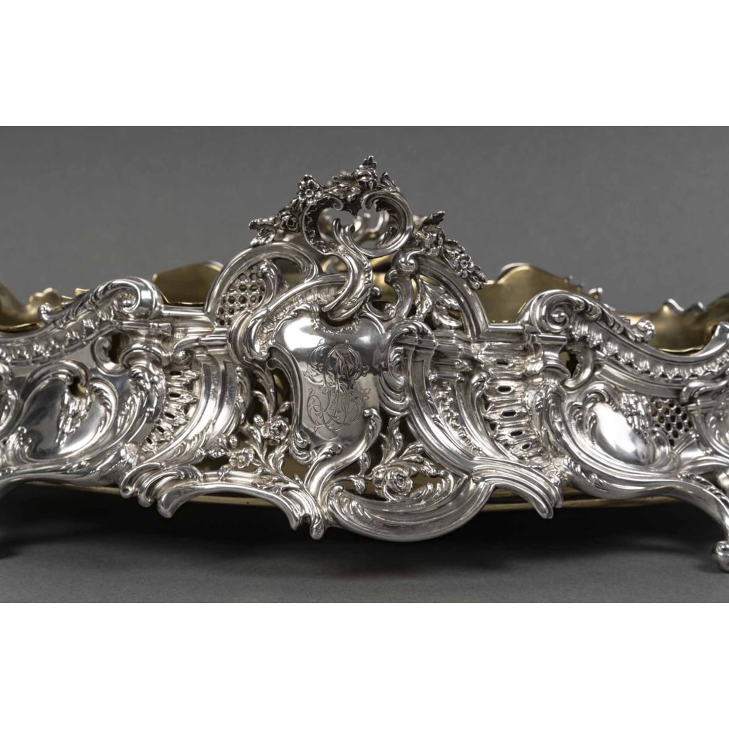 JARDINIERE ROCAILLE EN ARGENT MASSIF INTERIEUR EN LAITON EPOQUE NAPOLEON III 4
