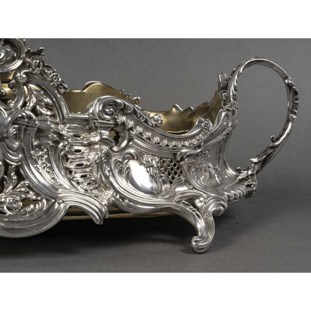 JARDINIERE ROCAILLE EN ARGENT MASSIF INTERIEUR EN LAITON EPOQUE NAPOLEON III 6