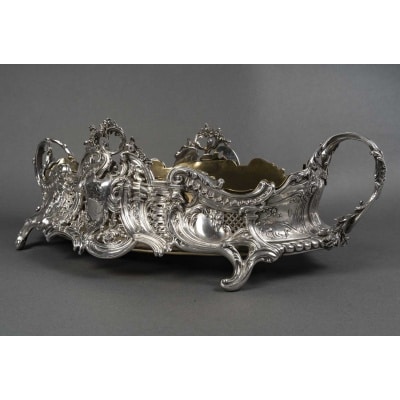 JARDINIERE ROCAILLE EN ARGENT MASSIF INTERIEUR EN LAITON EPOQUE NAPOLEON III