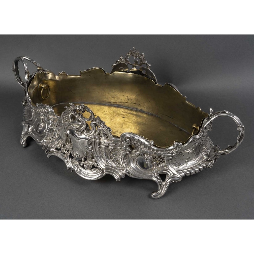 JARDINIERE ROCAILLE EN ARGENT MASSIF INTERIEUR EN LAITON EPOQUE NAPOLEON III 12