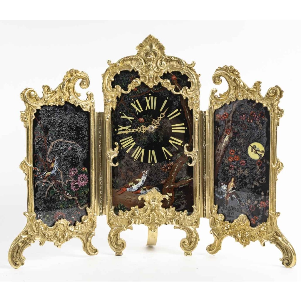 Une Pendule Paravent En Bronze Doré Et Verre Peint, Art Nouveau 2