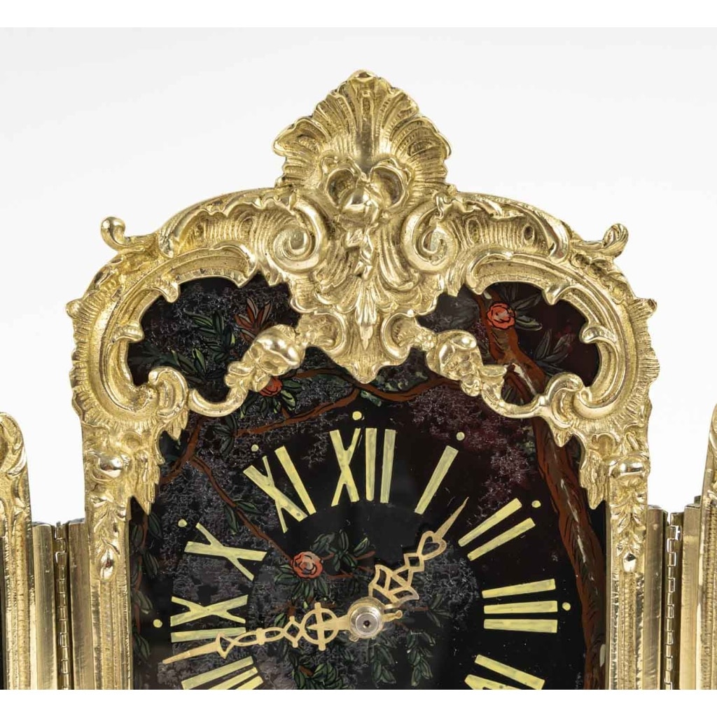 Une Pendule Paravent En Bronze Doré Et Verre Peint, Art Nouveau 6