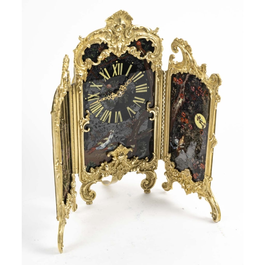 Une Pendule Paravent En Bronze Doré Et Verre Peint, Art Nouveau 3