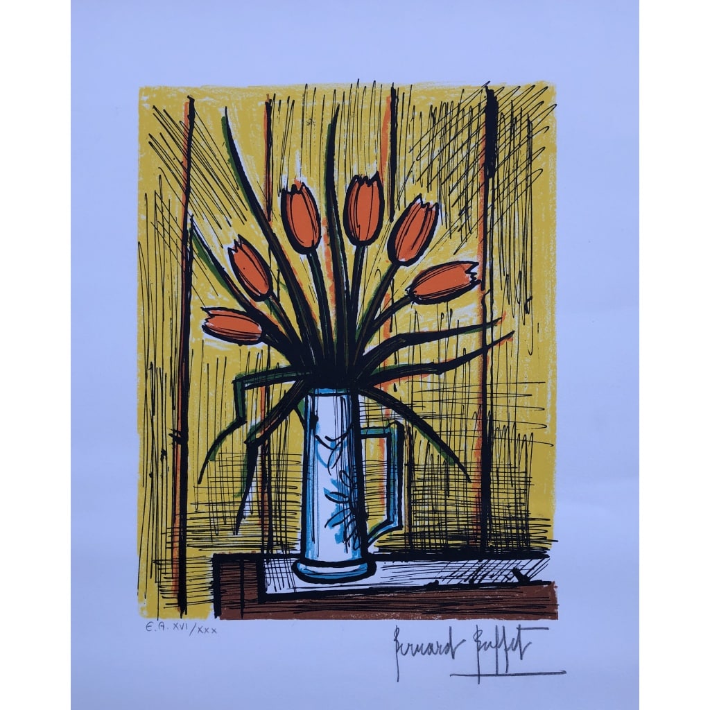 BUFFET Bernard Bouquet tulipes oranges Lithographie Couleurs Signée certificat d’authenticité 3