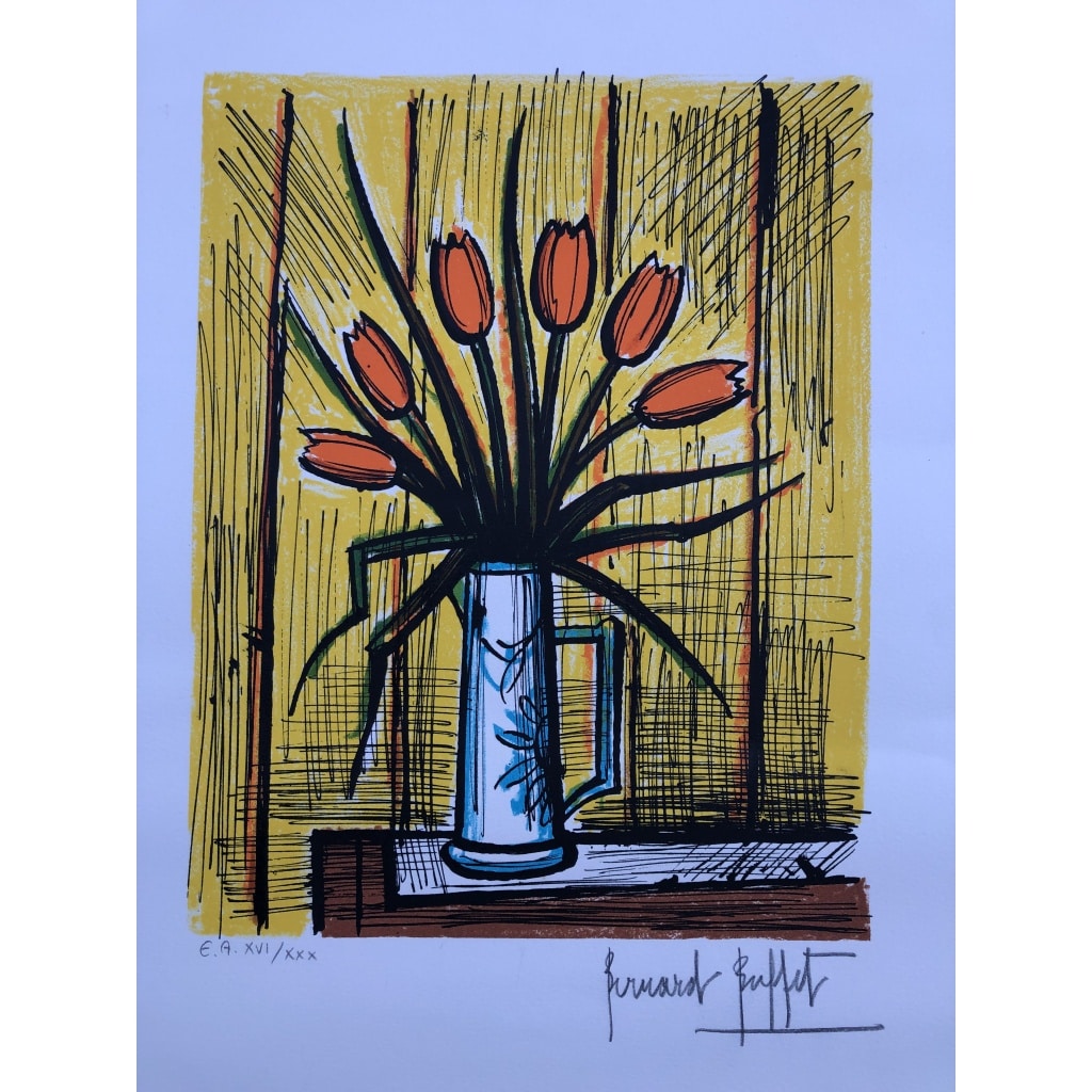 BUFFET Bernard Bouquet tulipes oranges Lithographie Couleurs Signée certificat d’authenticité 10