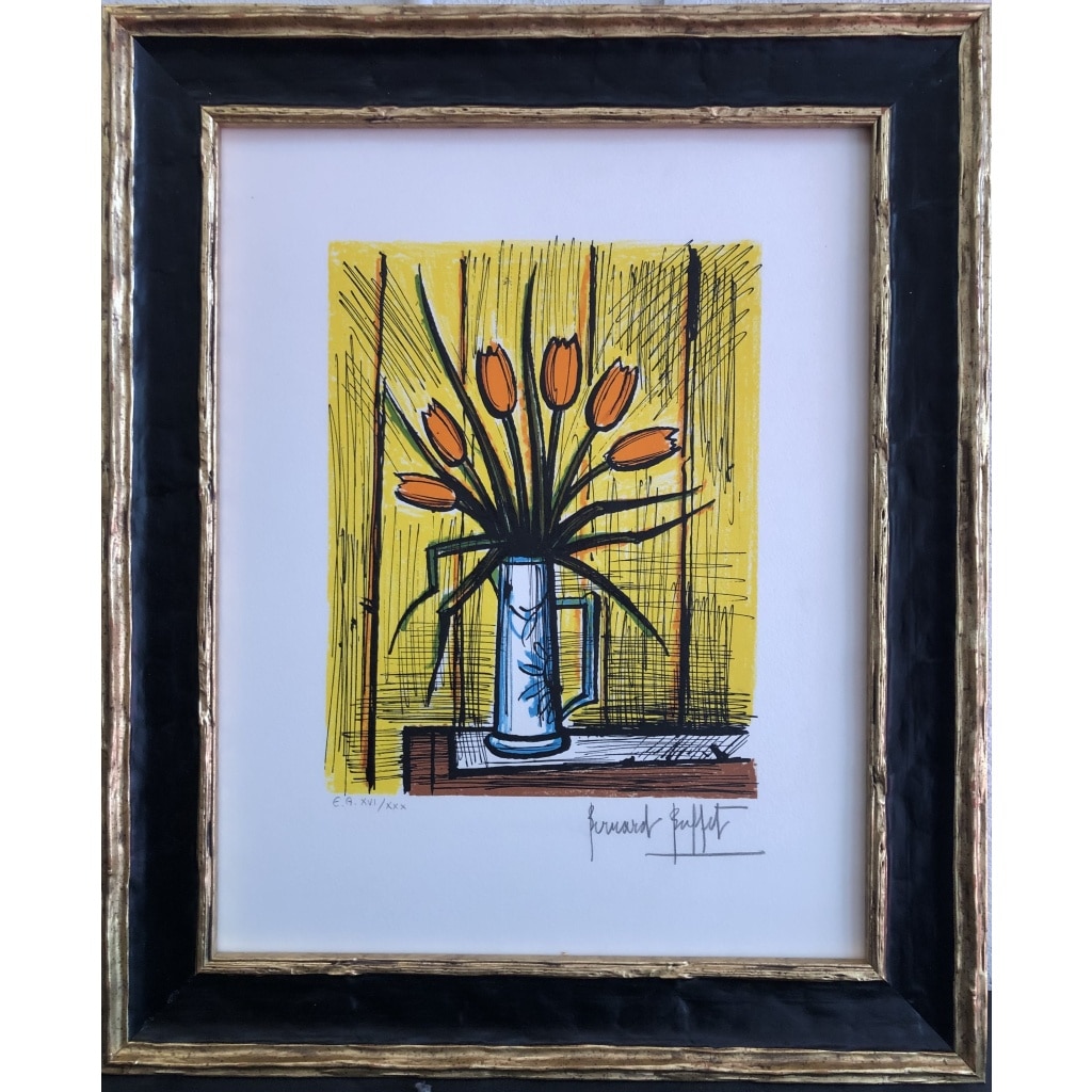 BUFFET Bernard Bouquet tulipes oranges Lithographie Couleurs Signée certificat d’authenticité